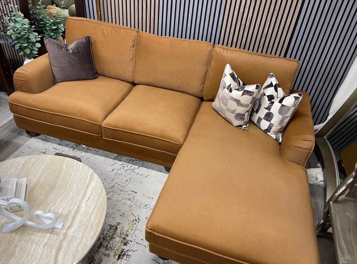 Nola Caramel Mohair Velvet Right Hand Chaise Sofa