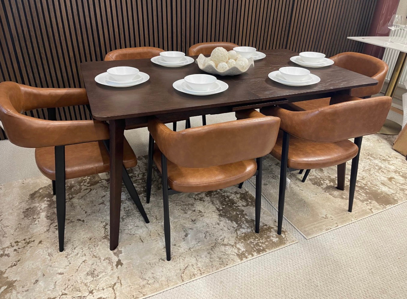 Walnut Extendable Rectangle Dining Table And 6 Faux Tan Leather Dining Chairs