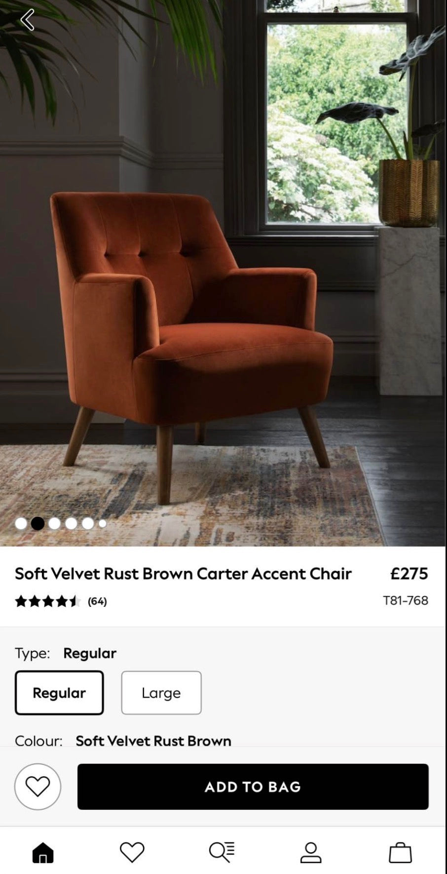 Next Soft Velvet Rust Brown Carter Accent Chair