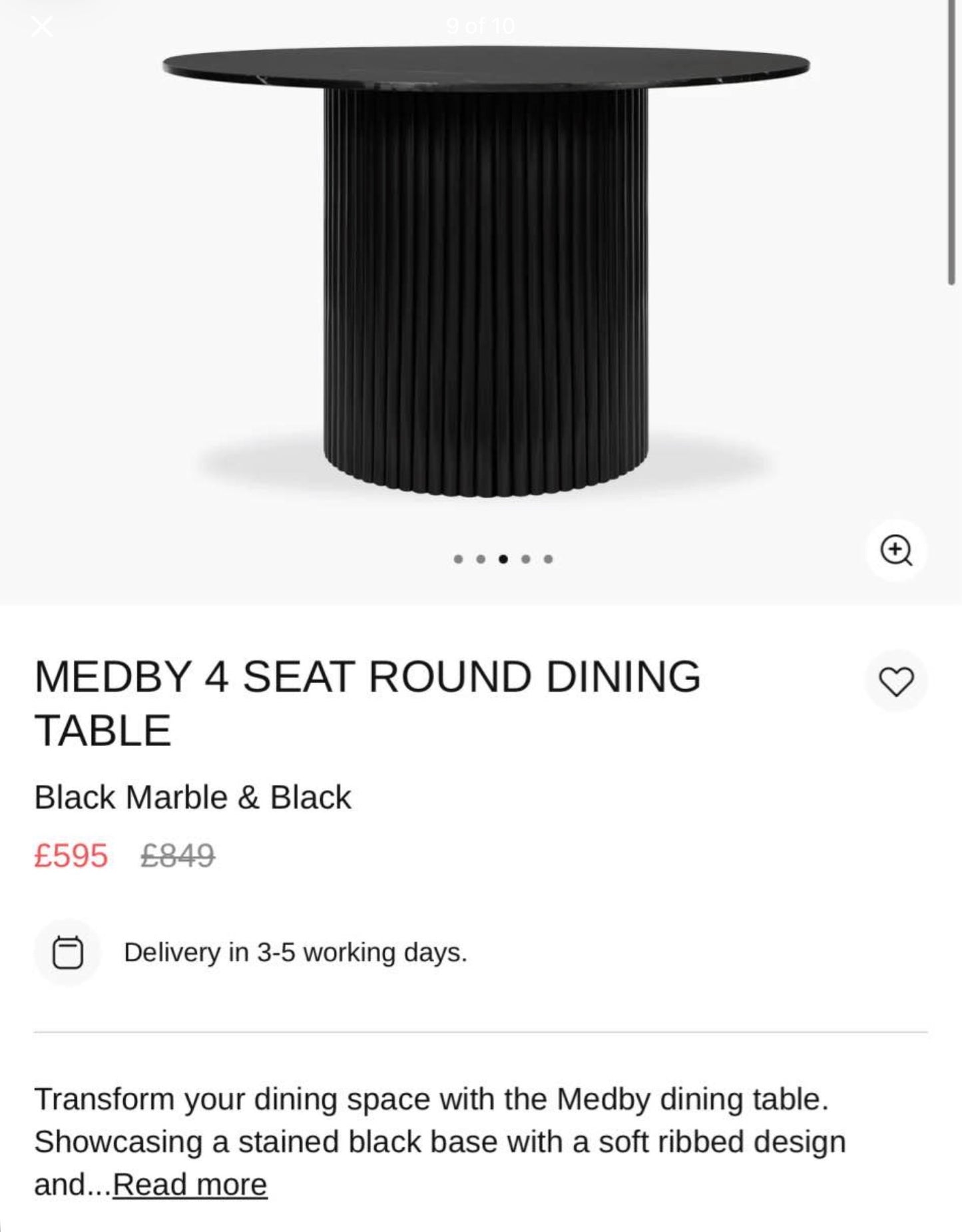Medby Black Round Marble Dining Table And 4 Black Dining Chairs