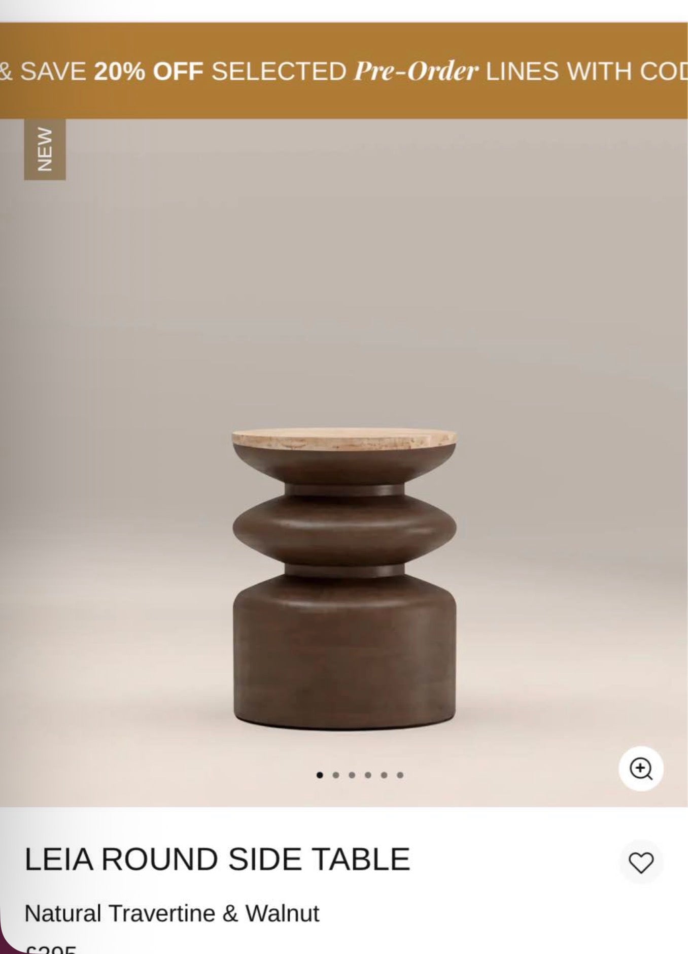 Round Walnut Side Table With Travertine Top