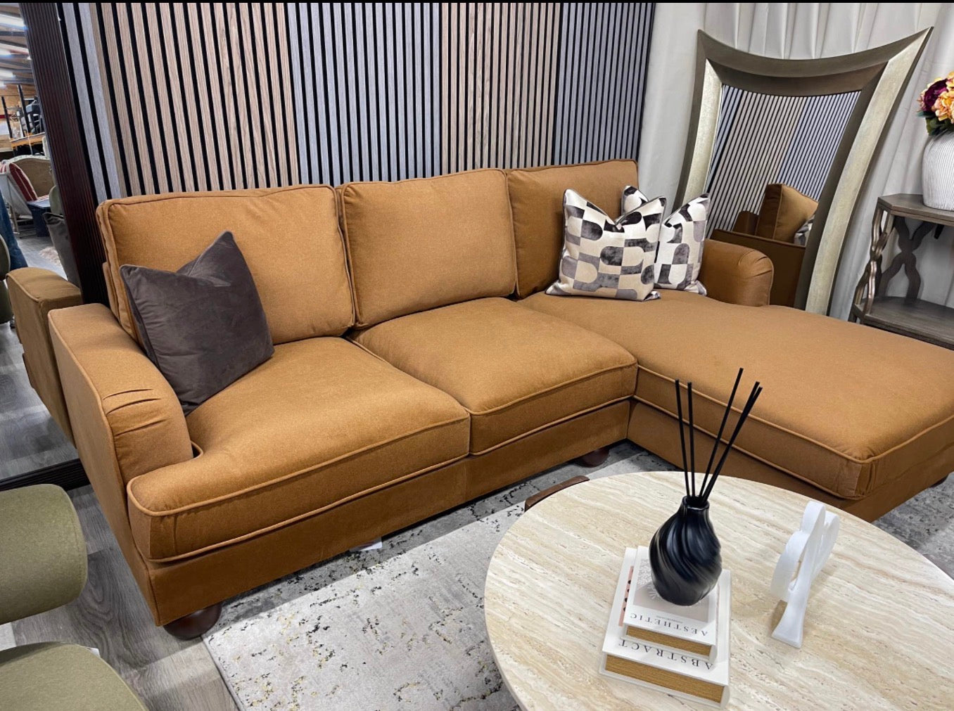 Nola Caramel Mohair Velvet Right Hand Chaise Sofa