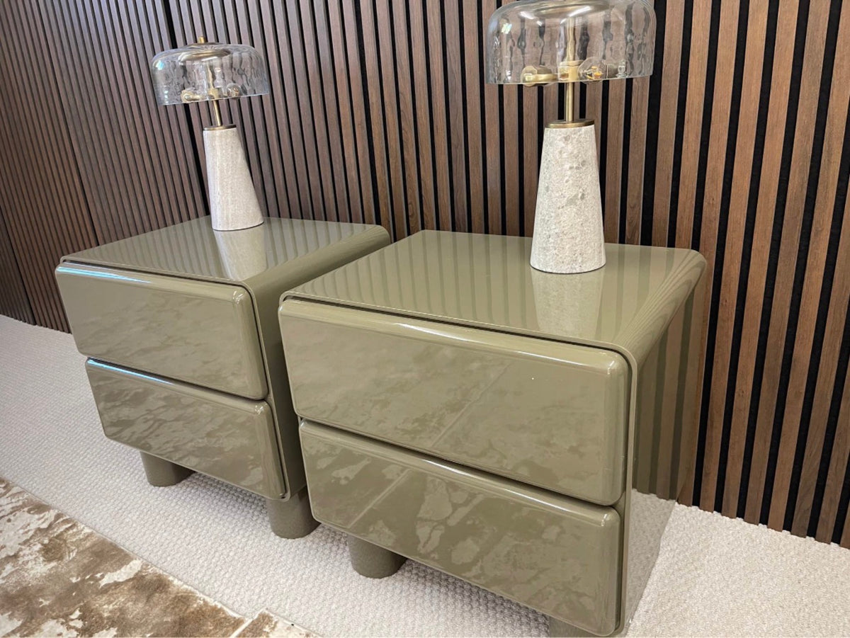Set Of 2 High Gloss Moss Green Bedside Tables