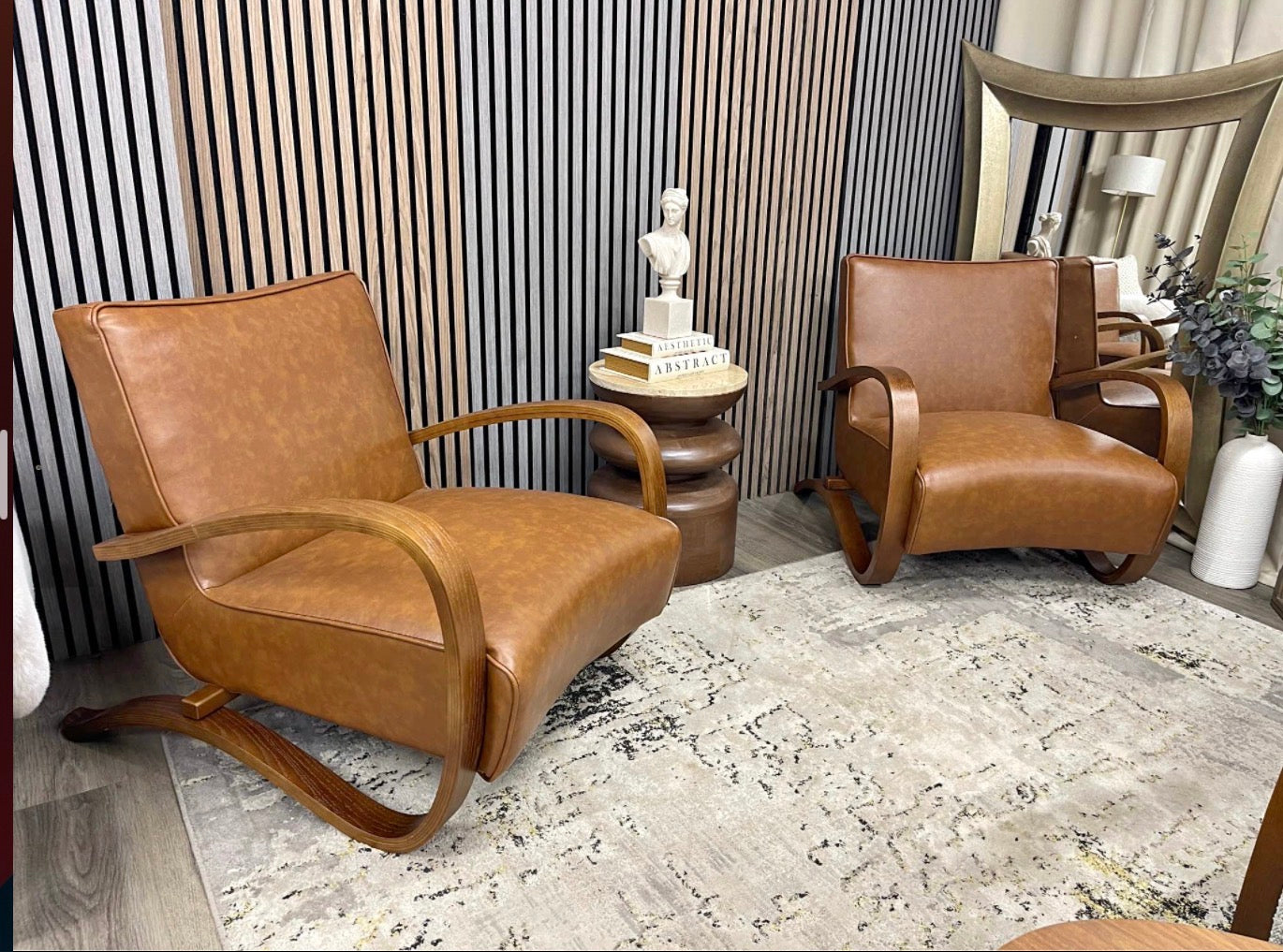 Set Of 2 Vintage Tan Faux Leather Accent Chairs