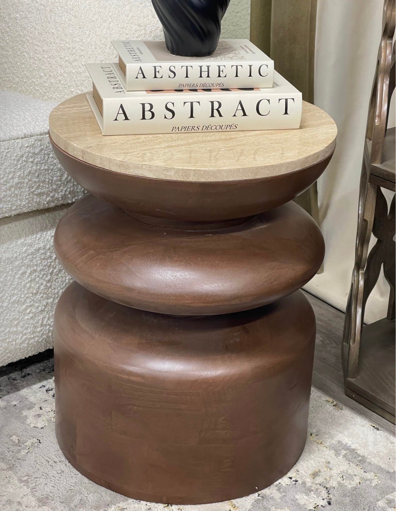Round Walnut Side Table With Travertine Top