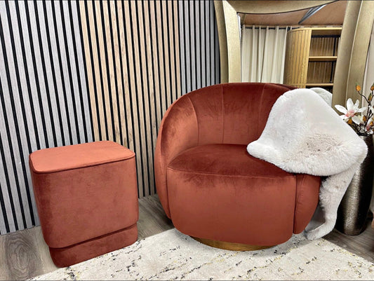 Set Of Swivel Velvet Armchair and Velvet Pouffe