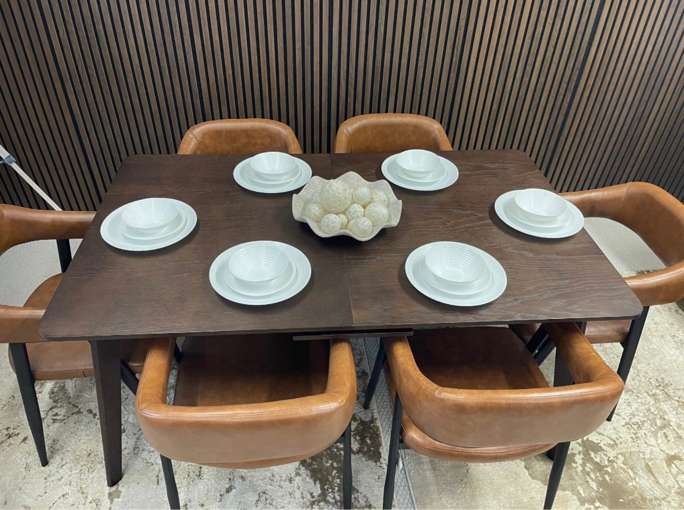 Walnut Extendable Rectangle Dining Table And 6 Faux Tan Leather Dining Chairs