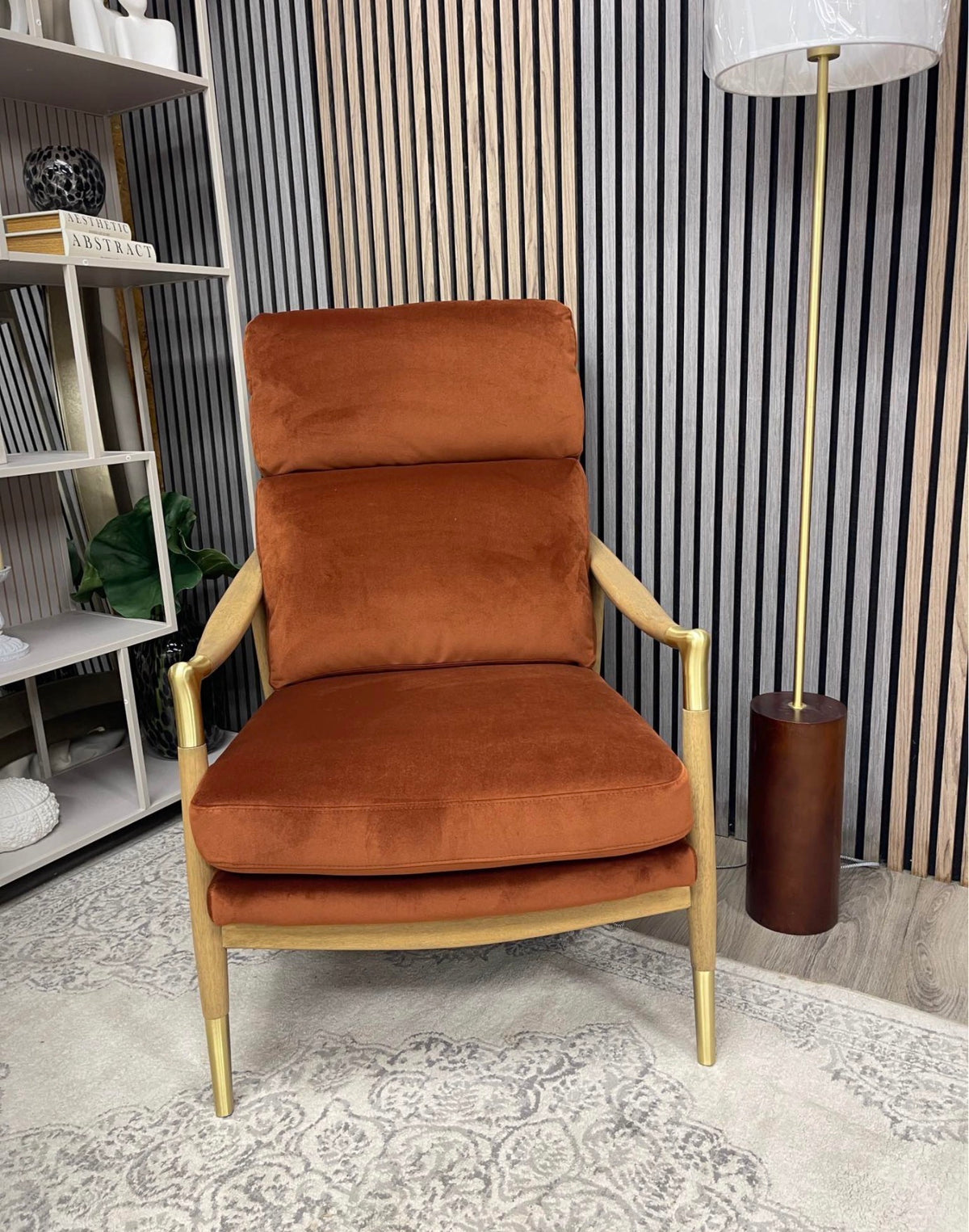 Rust Orange Velvet High Back Armchair