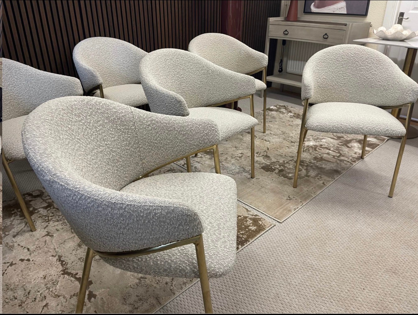 Speckled Stone Boucle Carver Dining Chairs x6