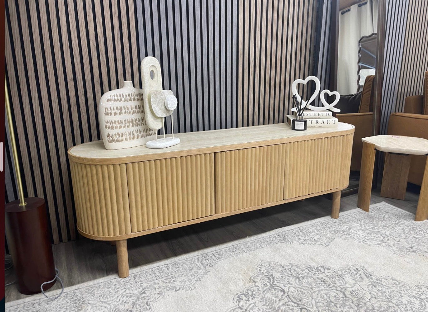 Santana Natural Travertine Stone And Oak Tv Stand