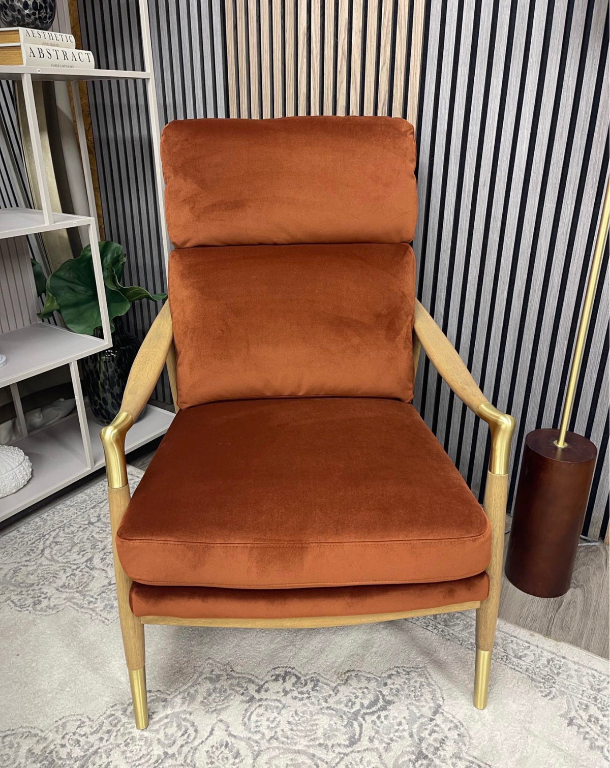 Rust Orange Velvet High Back Armchair