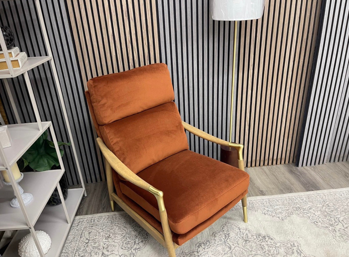 Rust Orange Velvet High Back Armchair