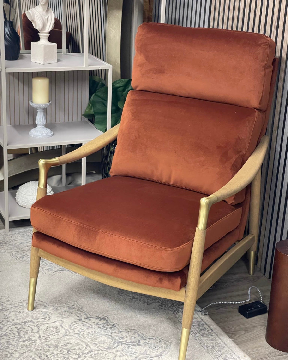 Rust Orange Velvet High Back Armchair