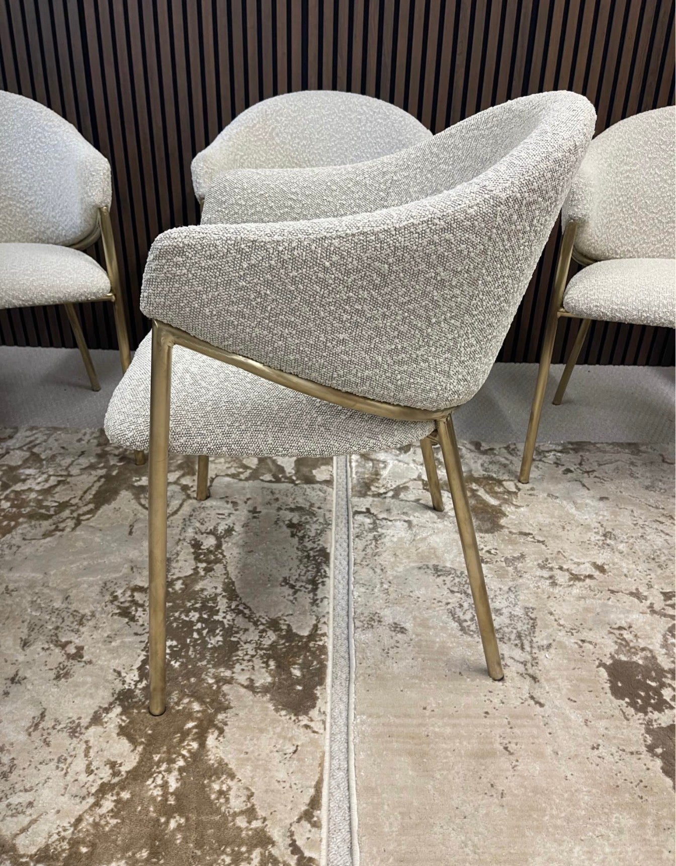 Speckled Stone Boucle Carver Dining Chairs x6