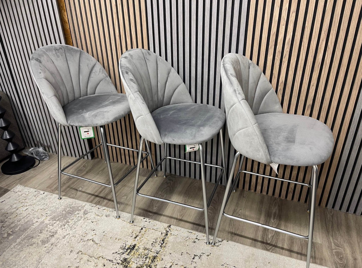 Set Of 3 Grey Velvet Kitchen Stools