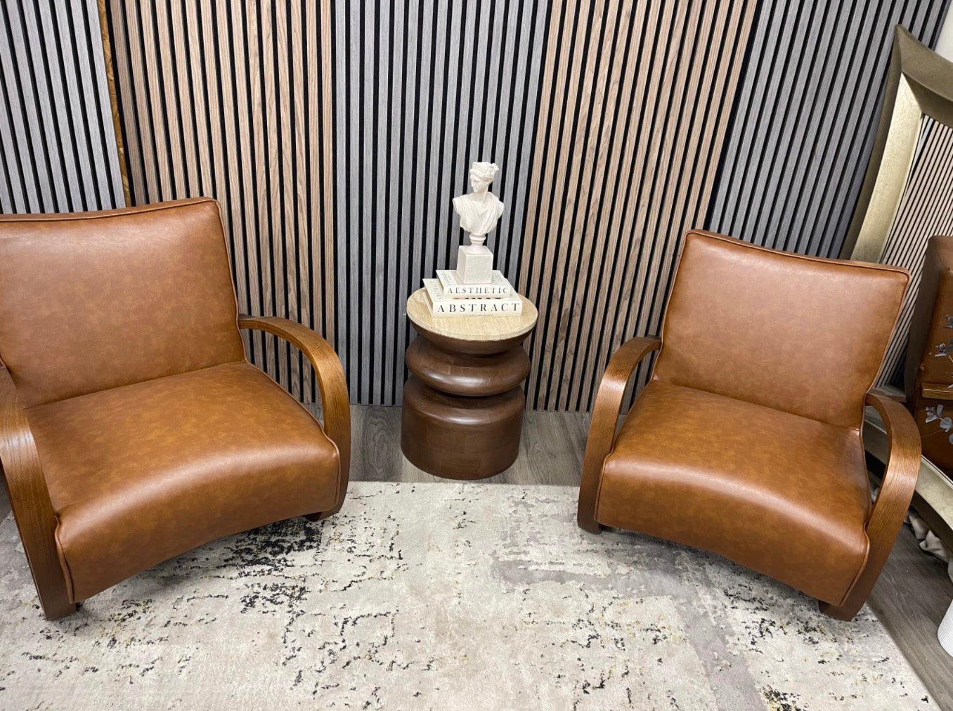 Set Of 2 Vintage Tan Faux Leather Accent Chairs