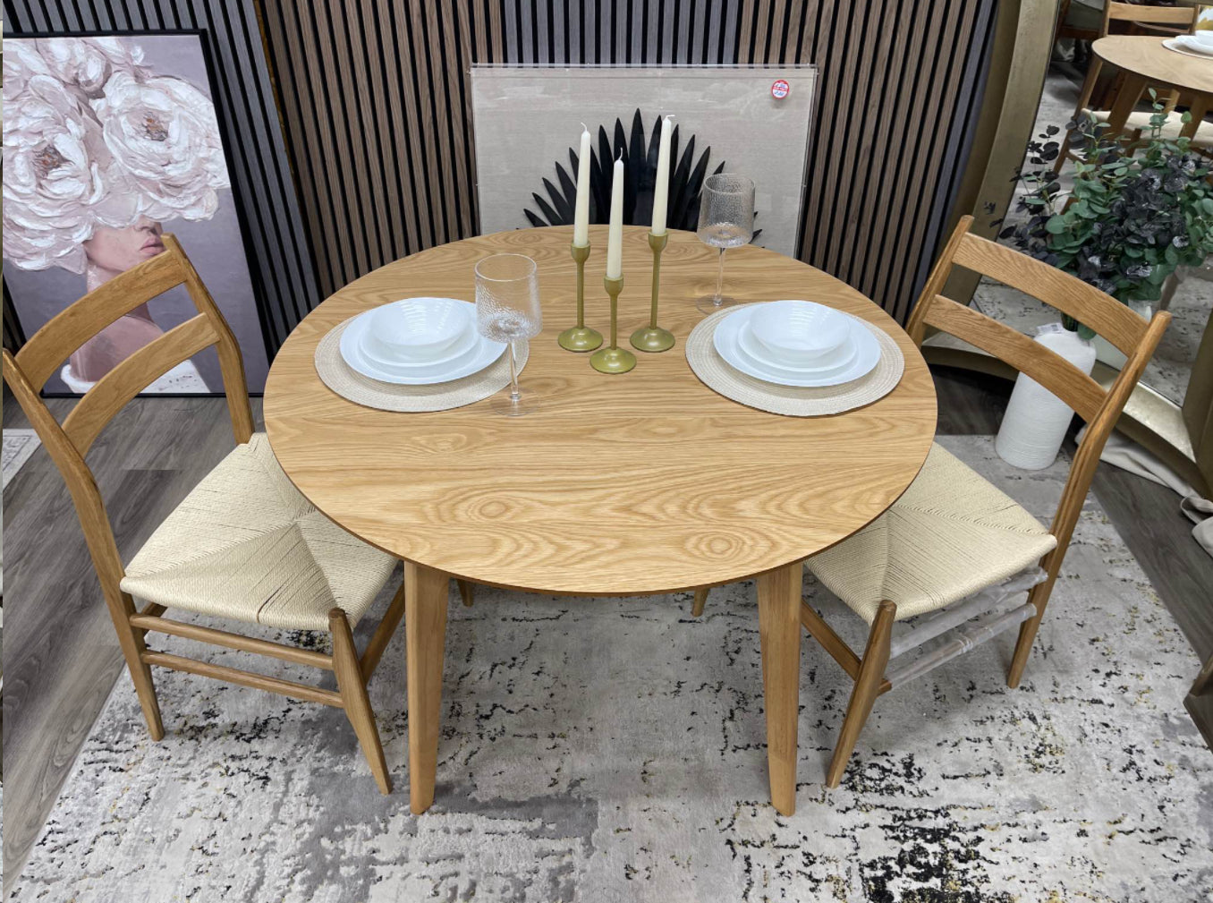 Round Oak Dining Table And 2 Wooden Dining Chairs
