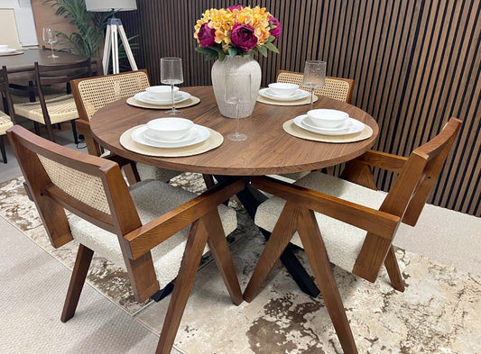 Round Dining Table and 4 Boucle Dining Chairs