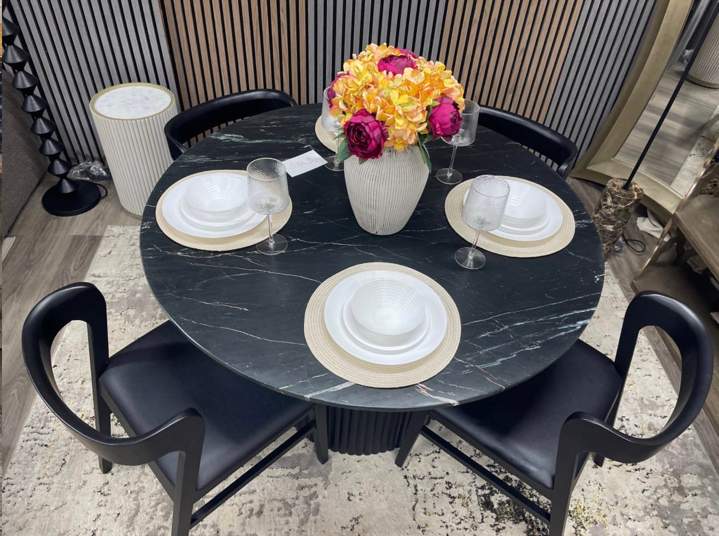 Medby Black Round Marble Dining Table And 4 Black Dining Chairs