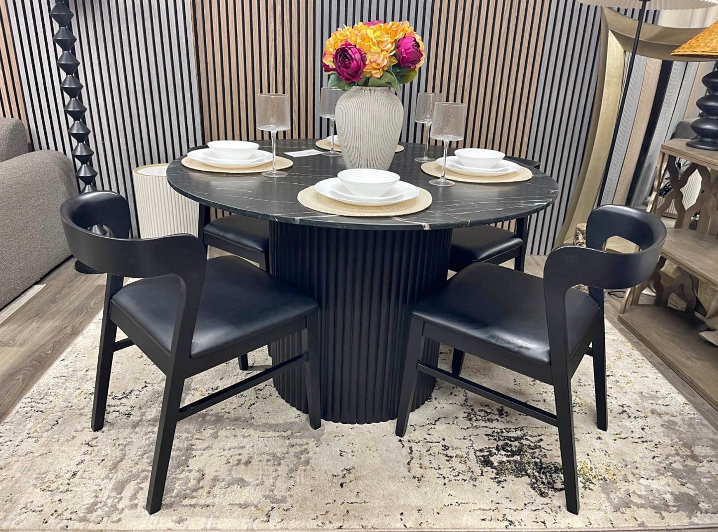 Medby Black Round Marble Dining Table And 4 Black Dining Chairs