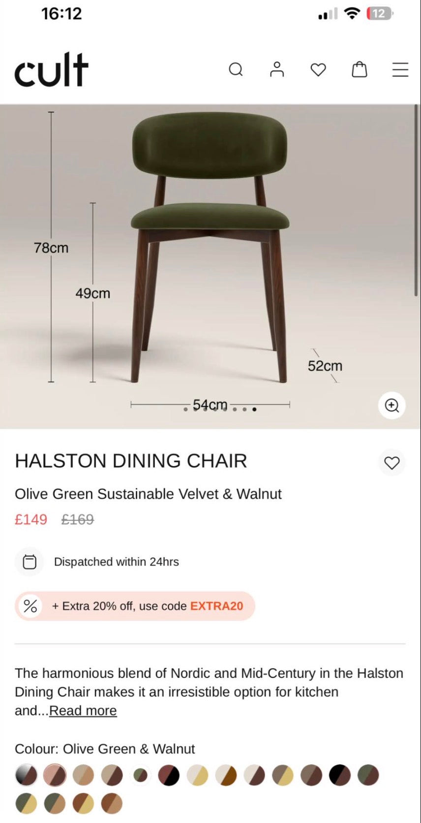 Cult Furniture Halston Olive Green Velvet Dining Chairs x6