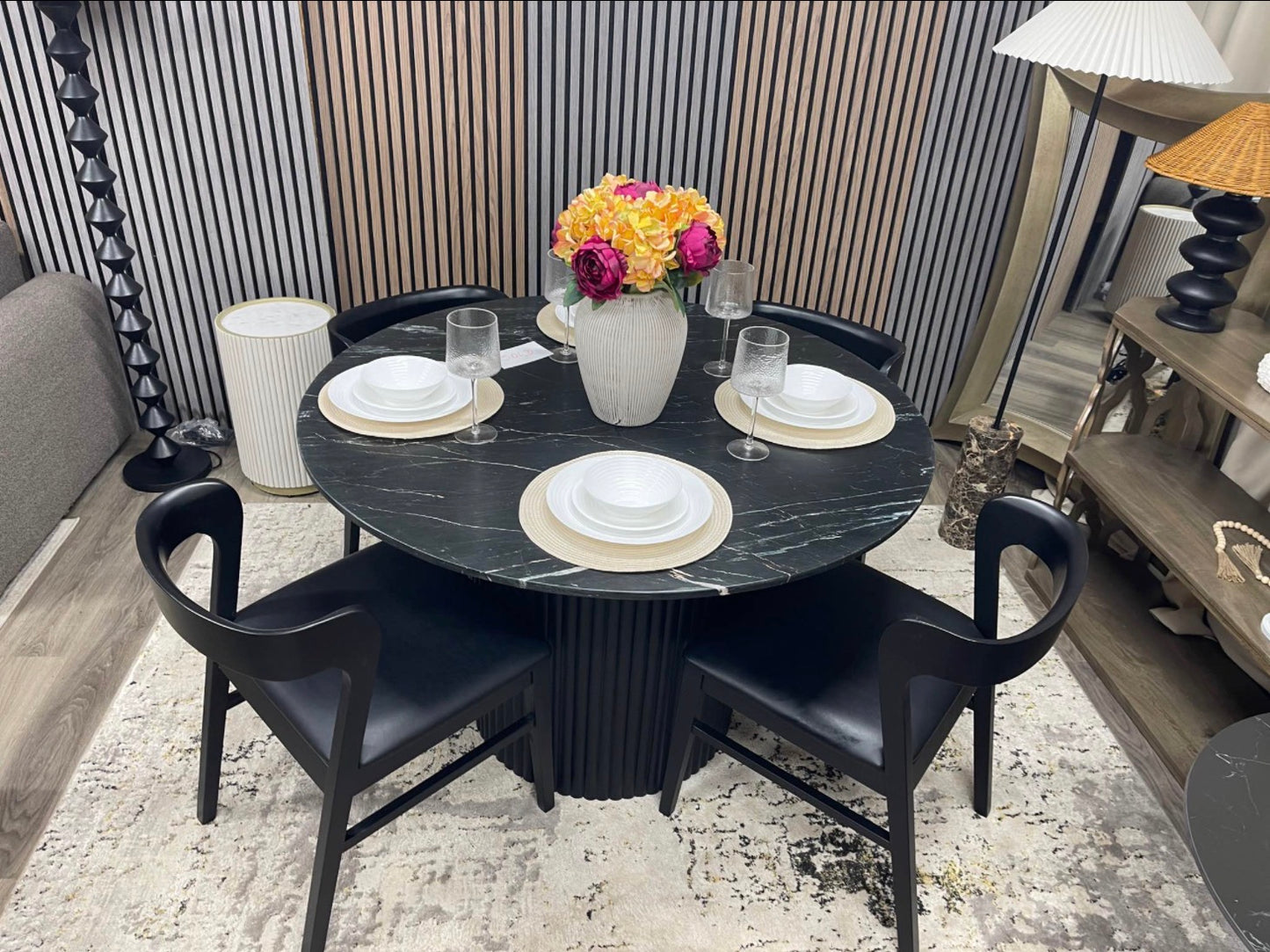 Medby Black Round Marble Dining Table And 4 Black Dining Chairs