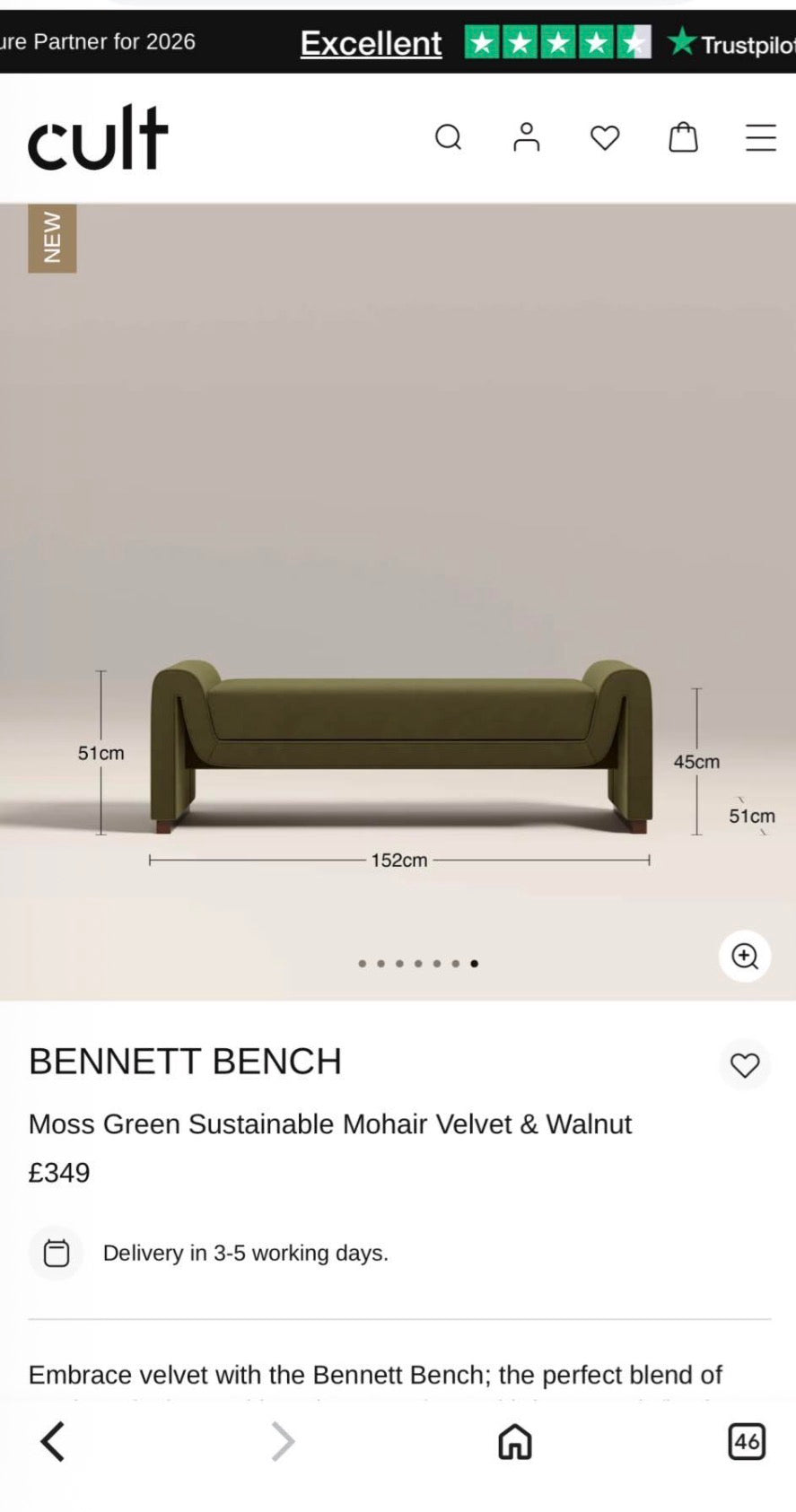 Bennett Moss Green Mohair Velvet Bench