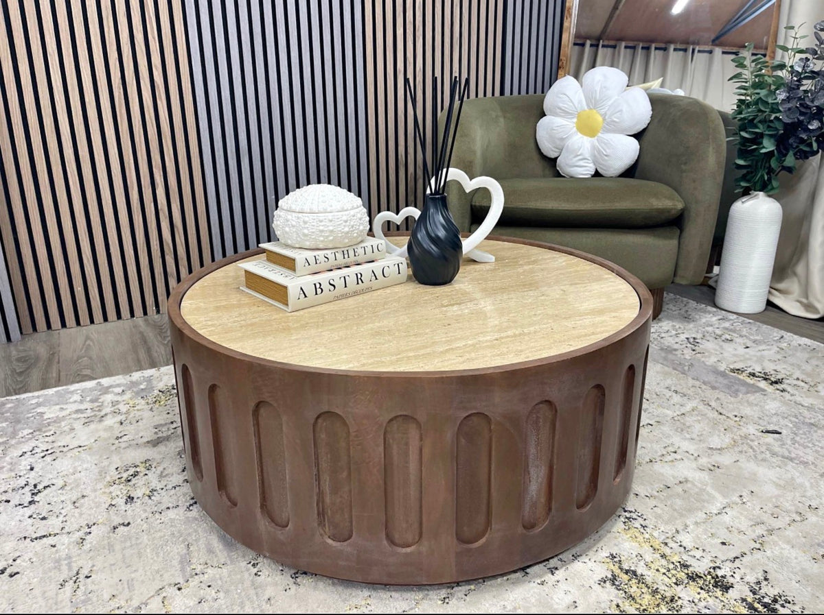 Natural Travertine&Walnut Coffee Table
