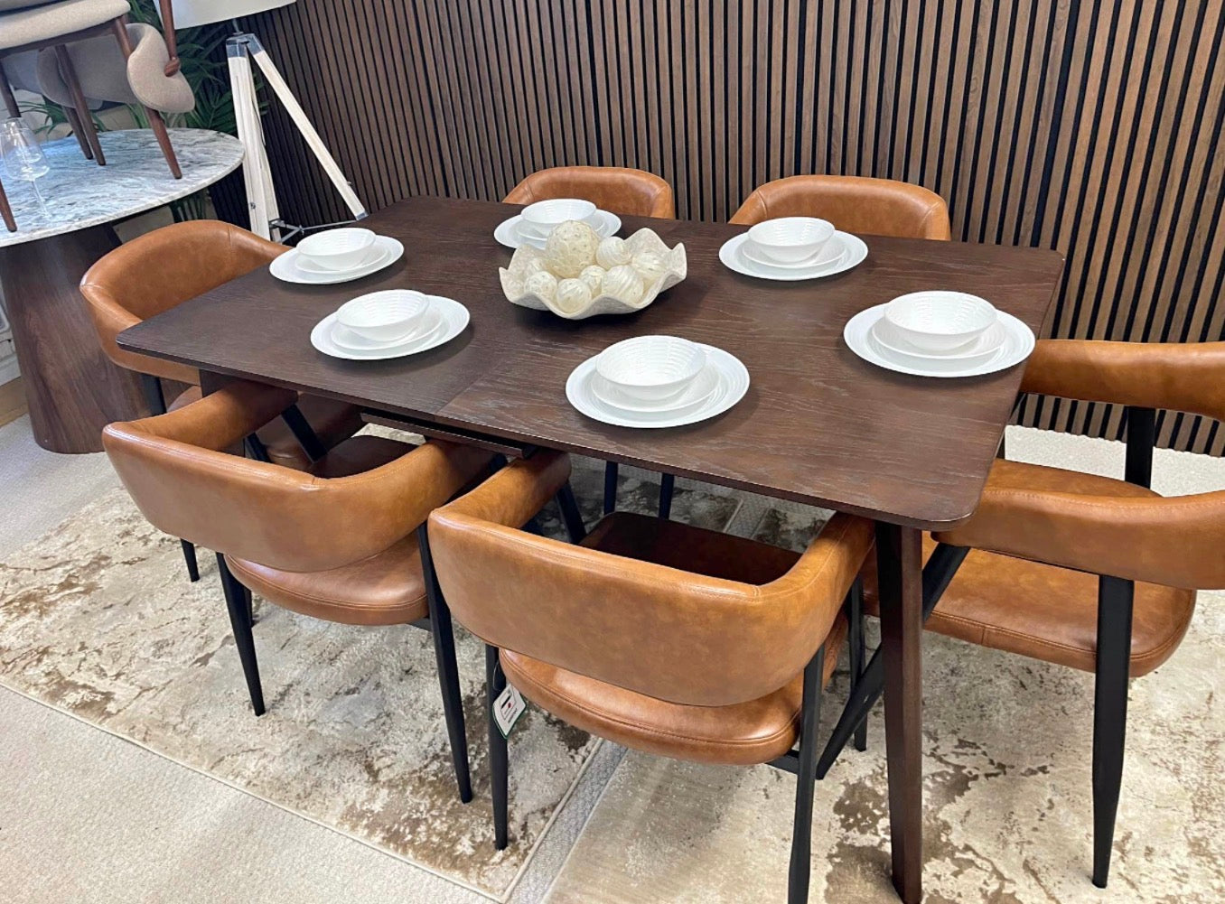 Walnut Extendable Rectangle Dining Table And 6 Faux Tan Leather Dining Chairs