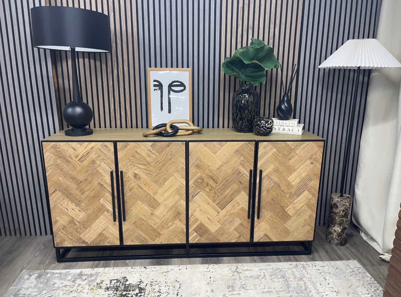Natural Oak Parquet Style Large Sideboard