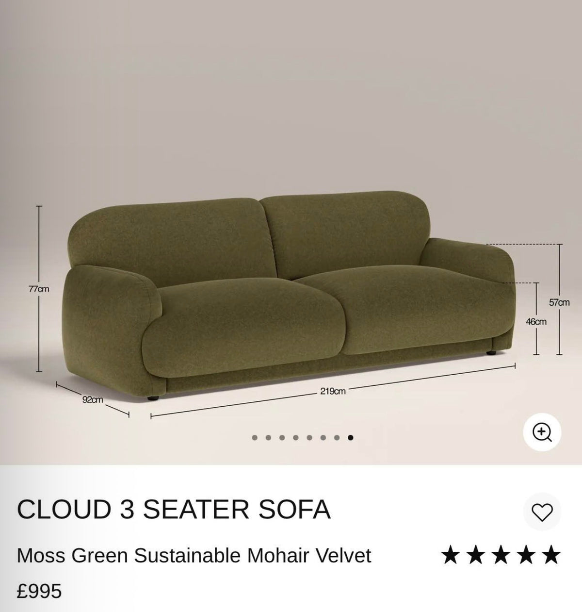 Cloud Moss Green Velvet 3 Seater Sofa