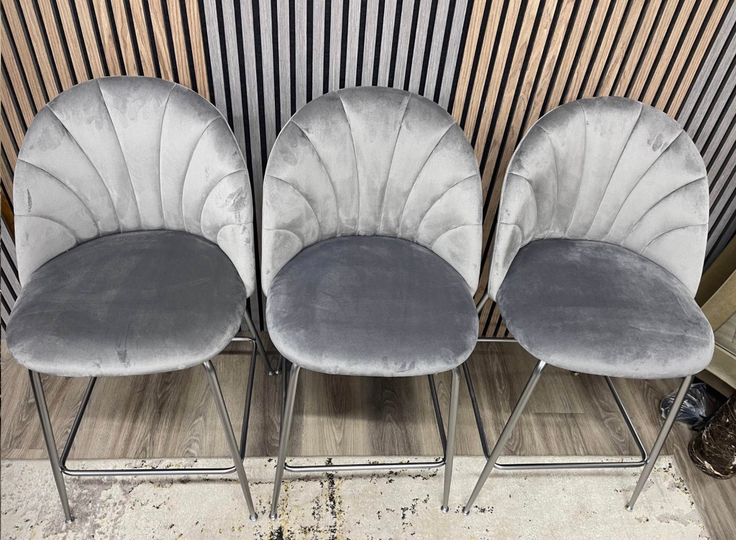 Set Of 3 Grey Velvet Kitchen Stools
