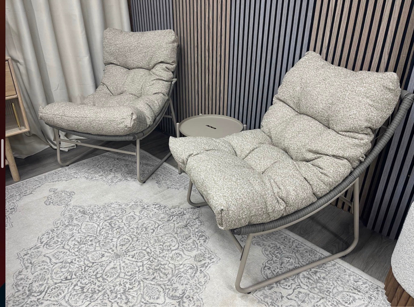Odessa Garden Bistro Lounge Set Natural Boucle And Taupe Metal Frame