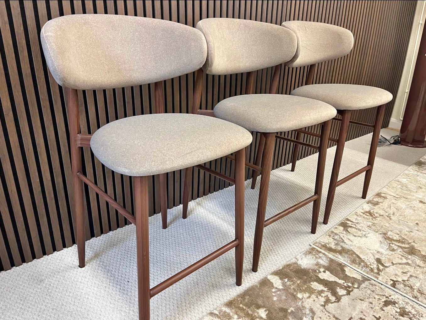 Halston Mohair Velvet Latte Kitchen Stools x3