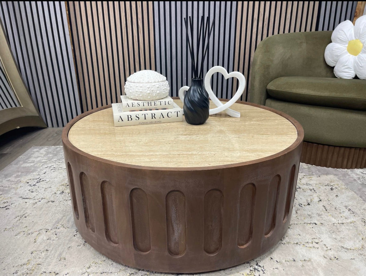 Natural Travertine&Walnut Coffee Table