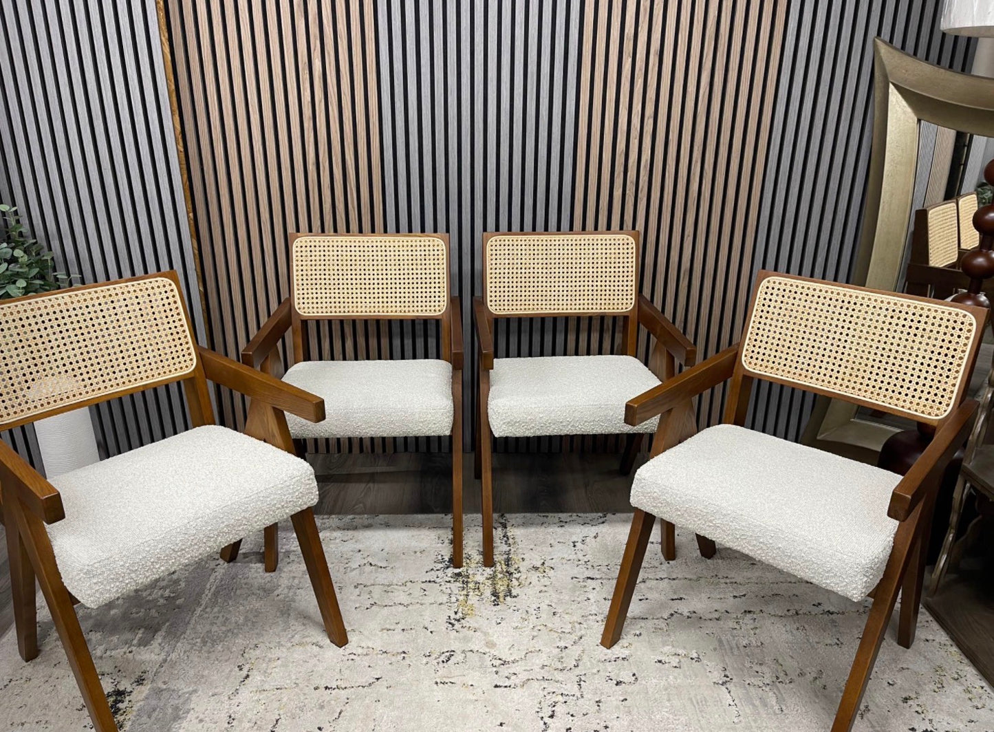 Speckled Stone Boucle And Rattan Dining Chairs X4