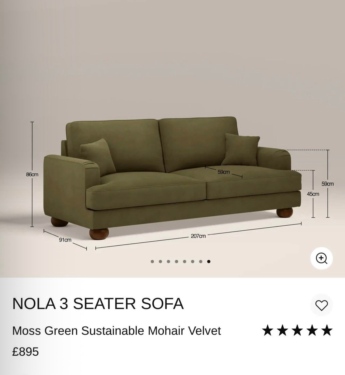Moss Green Mohair Velvet 3 Seater Sofa