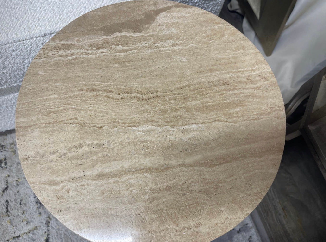 Round Walnut Side Table With Travertine Top