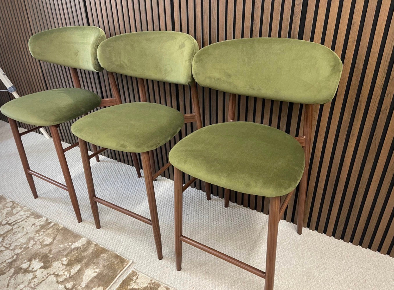 Halston Olive Green Velvet Kitchen Stools x3